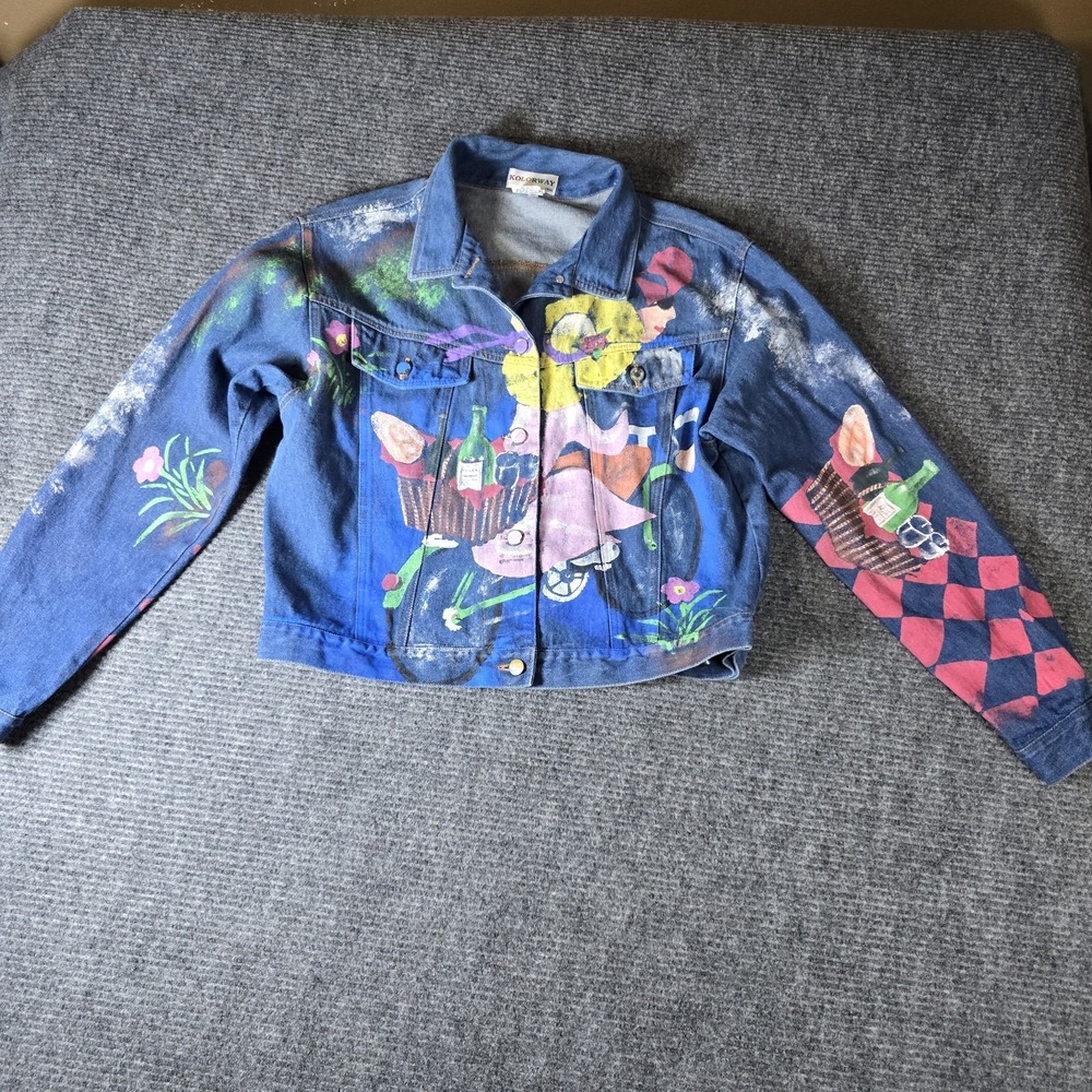 Vintage Hand Painted Denim Jacket Large Wearable Art Bicycle Picnic Folk Art USA